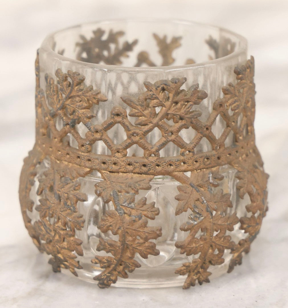 Lot 123 - Antique Pattern Glass Candle Cup With Brass-Colored Foliage Design Metal Overlay, 2-3/4" H