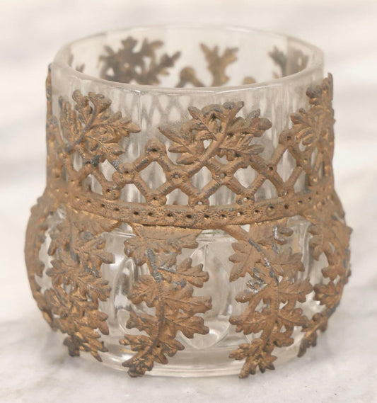 Lot 123 - Antique Pattern Glass Candle Cup With Brass-Colored Foliage Design Metal Overlay, 2-3/4" H