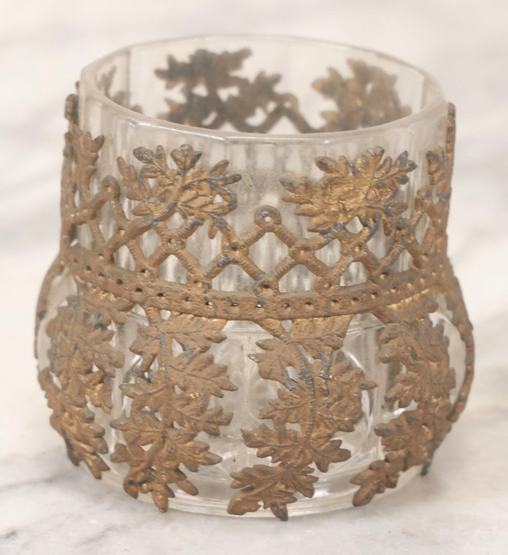 Lot 123 - Antique Pattern Glass Candle Cup With Brass-Colored Foliage Design Metal Overlay, 2-3/4" H