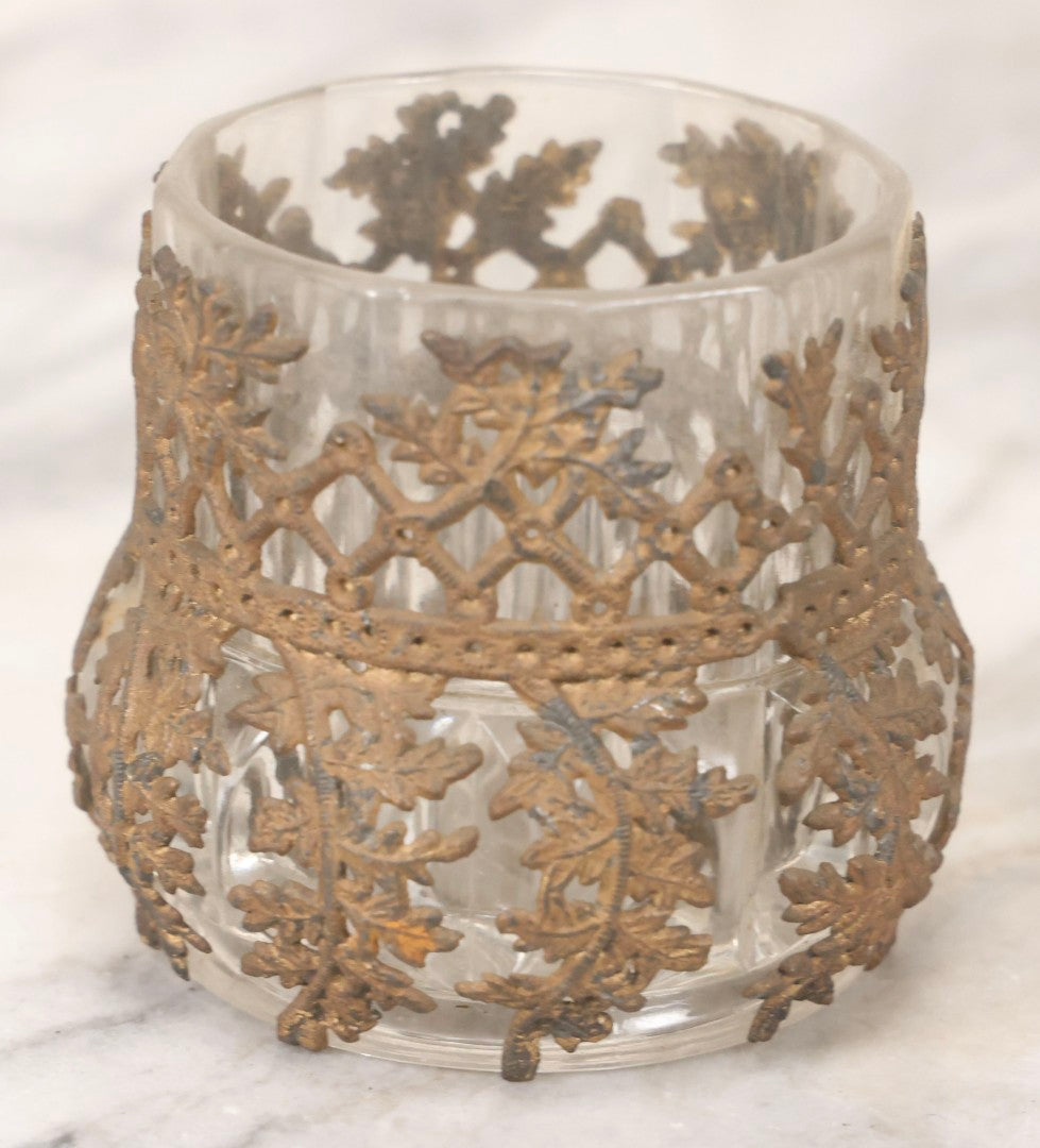 Lot 123 - Antique Pattern Glass Candle Cup With Brass-Colored Foliage Design Metal Overlay, 2-3/4" H