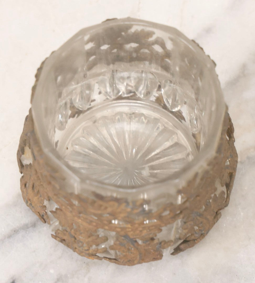 Lot 123 - Antique Pattern Glass Candle Cup With Brass-Colored Foliage Design Metal Overlay, 2-3/4" H