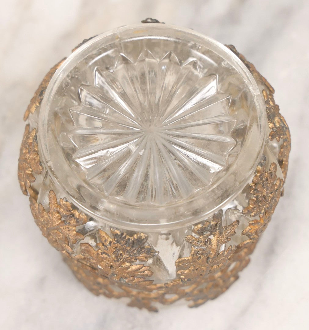 Lot 123 - Antique Pattern Glass Candle Cup With Brass-Colored Foliage Design Metal Overlay, 2-3/4" H