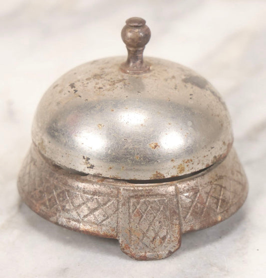 Lot 124 - Antique Desk Bell With Cast Iron Crosshatch Base And Chrome Push-Button Bell, 2-1/2" H