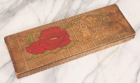 Lot 135 - Vintage Pyrography Glove Box With Painted Floral Lid And Matching Interior Design, Mid 20th Century