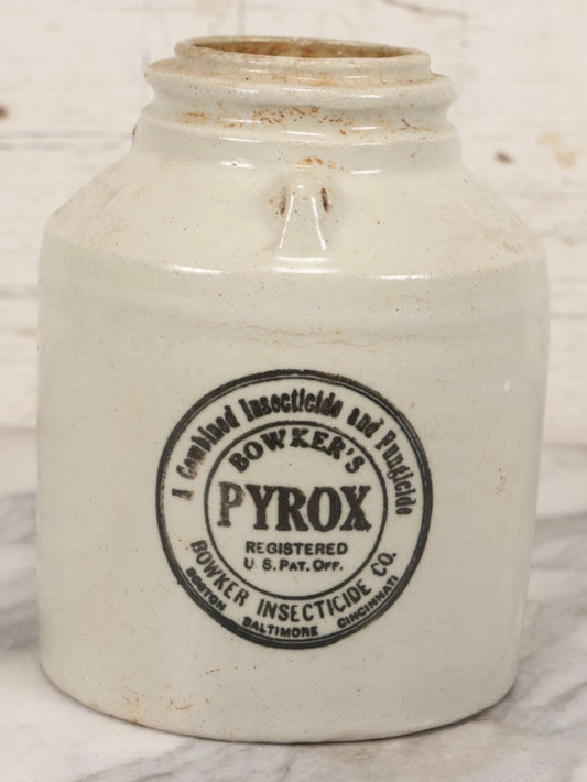 Lot 136 - Antique Stoneware Crock For Bowker's Pyrox Combined Insecticide And Fungicide, Boston, Baltimore, And Cincinnati, 7-1/8" H