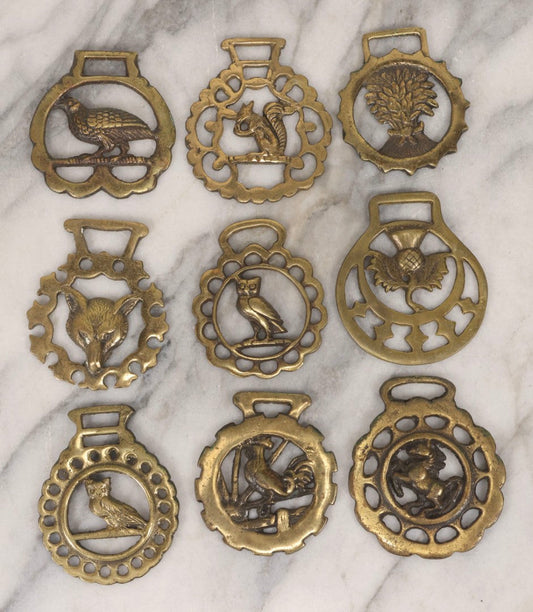 Lot 140 - Grouping Of 9 Antique Brass Bridle Tags Depicting Owl, Bird, Fox, Rooster, Squirrel, Bundle Of Wheat, Thistle, And Horse Designs