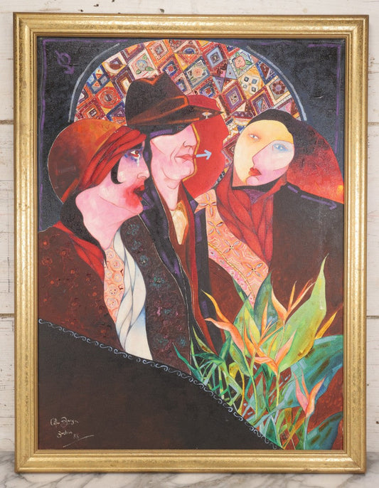 Lot 142 - Oil On Canvas Painting Titled “The Triangle” Depicting Three Stylized Figures Before A Geometric Backdrop, Artist Signed, Illegible, Boston, 1988, 20-1/4" x 26-1/4"