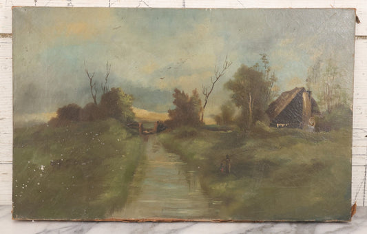 Lot 143 - Antique Oil On Canvas Painting Of River Scene With Adult And Child Fishing, Trees, Birds, And Rustic House With Smoking Chimney, 16" x 10"