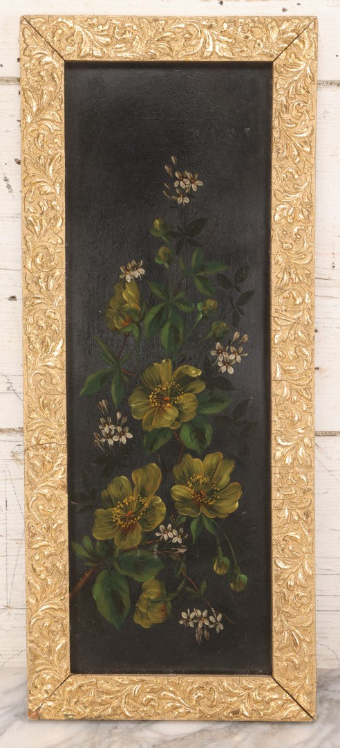Lot 144 - Antique Oil On Board Painting Of Yellow And White Flowers On Black Background On Tin, In Gilt Wood Frame With Leaf Design, 9-3/8" x 22-1/4"