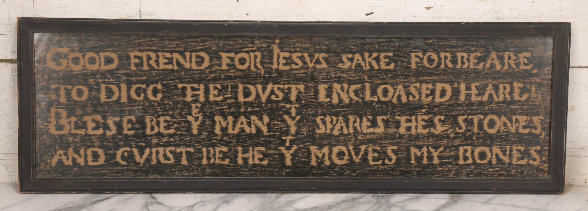 Lot 149 - Vintage Grave Rubbing Of Shakespeare's Tomb Inscription, “Blessed Be The Man That Spares These Stones, And Cursed Be He That Moves My Bones,” Framed, 36-3/4" x 11-3/4"