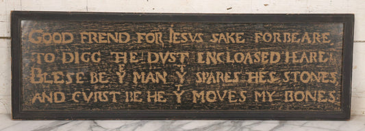 Lot 149 - Vintage Grave Rubbing Of Shakespeare's Tomb Inscription, “Blessed Be The Man That Spares These Stones, And Cursed Be He That Moves My Bones,” Framed, 36-3/4" x 11-3/4"