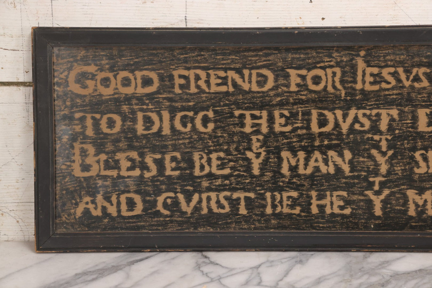 Lot 149 - Vintage Grave Rubbing Of Shakespeare's Tomb Inscription, “Blessed Be The Man That Spares These Stones, And Cursed Be He That Moves My Bones,” Framed, 36-3/4" x 11-3/4"