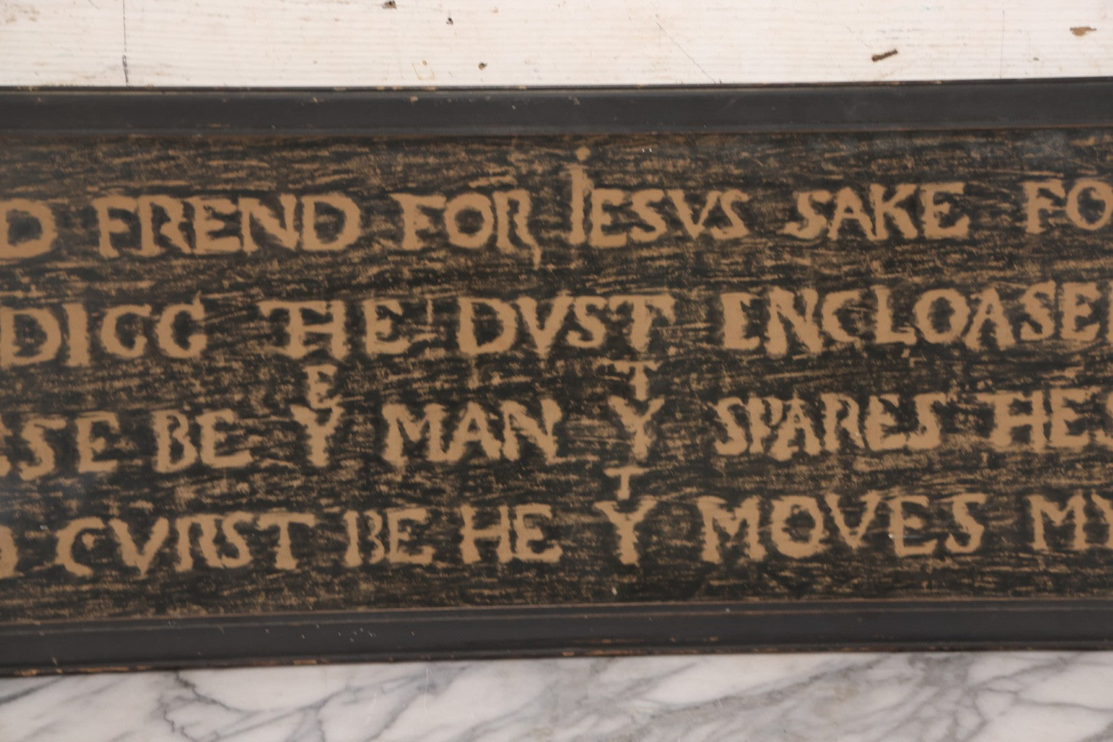 Lot 149 - Vintage Grave Rubbing Of Shakespeare's Tomb Inscription, “Blessed Be The Man That Spares These Stones, And Cursed Be He That Moves My Bones,” Framed, 36-3/4" x 11-3/4"