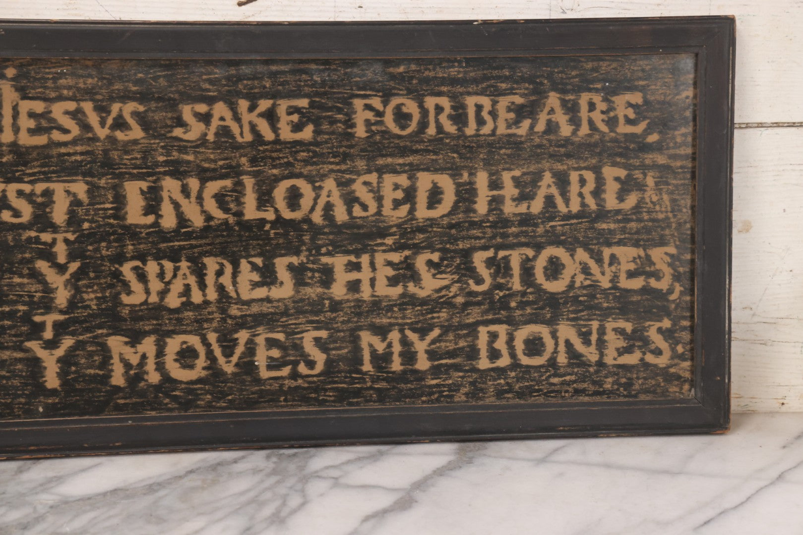 Lot 149 - Vintage Grave Rubbing Of Shakespeare's Tomb Inscription, “Blessed Be The Man That Spares These Stones, And Cursed Be He That Moves My Bones,” Framed, 36-3/4" x 11-3/4"