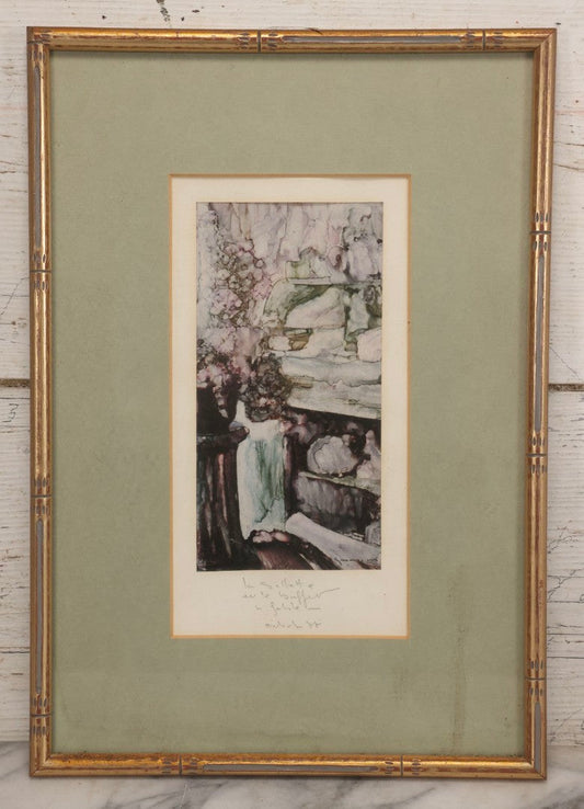 Lot 150 - Vintage Watercolor Painting Titled "La Galette Au Buffet" ("The Cake At The Sideboard") In Green, Purple, And Black Tones, Artist Illegible, In Frame, 11-1/2" x 16-1/2"