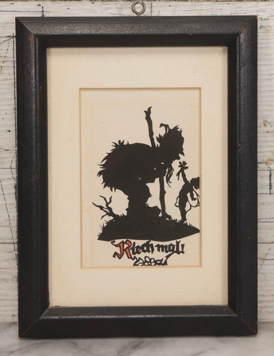 Lot 151 - Vintage Silhouette Artwork “Reich Mal!”("Rich Enough!") Depicting Forest Man Greeting Child With Flowers, Framed, 6-1/8" x 8-1/8"