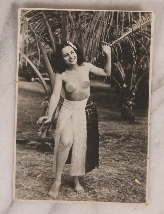 Lot 159 - Vintage Snapshot Photograph Of Barefoot Topless Woman In Hawaiian Skirt Dancing In The Grass