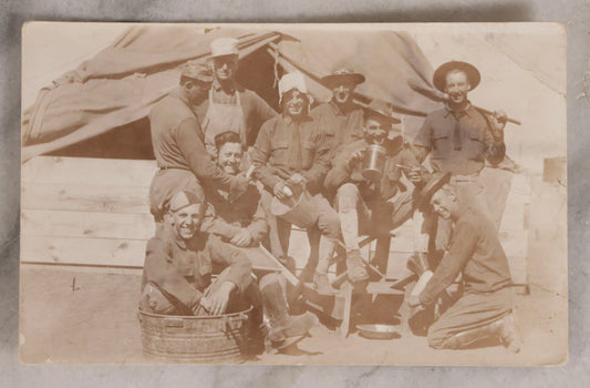 Lot 161 - Antique Real Photo Postcard R.P.P.C.. Of Young Men, Possibly Soldiers, Horsing Around At Camp Outside Tent