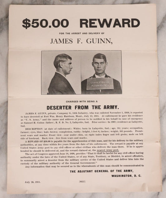 Lot 167 - Antique $50 Reward Broadside Wanted Poster For The Arrest Of James F. Guinn, Deserter From The U.S. Army, Issued By The Adjutant General Of The Army, Washington, D.C., 1911