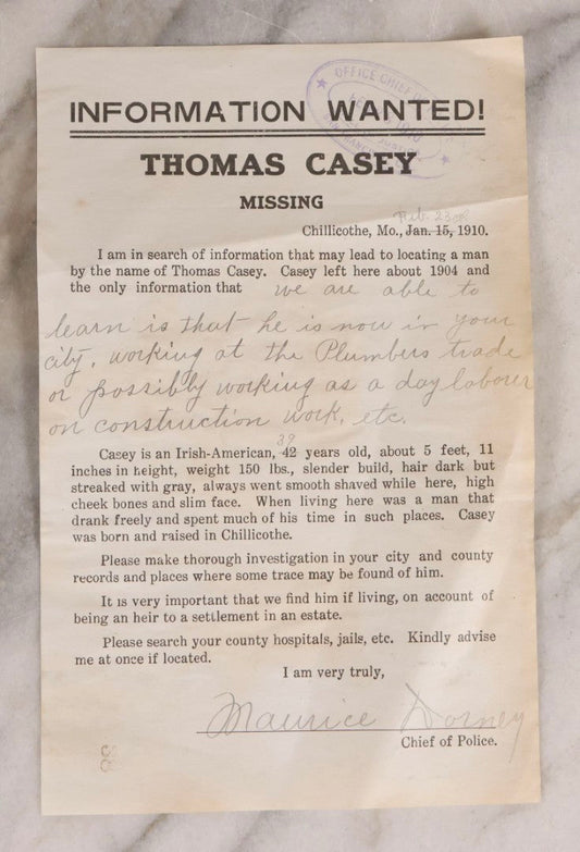 Lot 168 - Antique Broadside "Information Wanted" Poster For Missing Man Thomas Casey, Chillicothe, Missouri, Signed By Chief Of Police Maurice Dorney, Stamped By Office Of The Chief Of Police, San Francisco, 1910