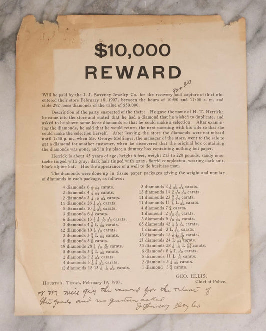Lot 170 - Antique $10,000 Reward Broadside Wanted Poster For Jewel Thief H. T. Herrick, Theft Of 292 Loose Diamonds From J. J. Sweeney Jewelry Co., Houston, Texas, 1907