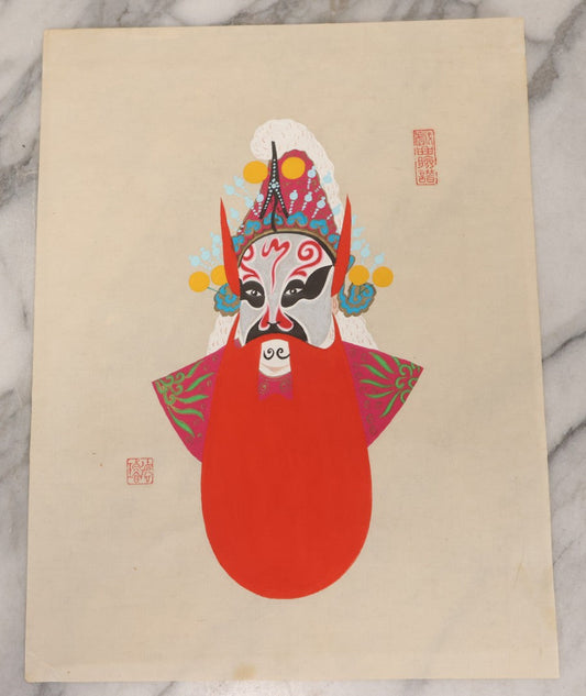 Lot 178 - Vintage Chinese Peking Opera Character Painting with Red and Black Mask, White Crest Crown, and Red Bib Armor