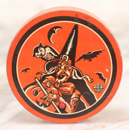 Lot 180 - Vintage Tin Lithograph Halloween Noisemaker With Witch, Owl, And Jack-O-Lantern J.O.L. By U.S. Metal Toy Mfg. Co., Made In U.S.A..