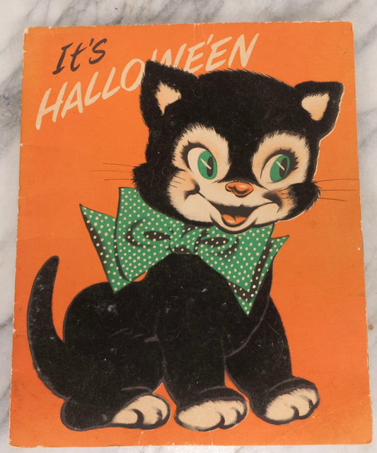 Lot 181 - Vintage Norcross “King Size” Foldout Halloween Card Poster With Black Velvet Cat And “It's Hallowe'en” Design, Circa 1950s