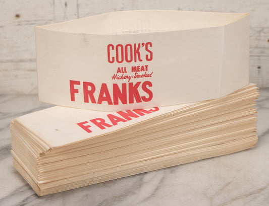 Lot 184 - Grouping Of 35+ Vintage Advertising Paper Hot Dog "Classy Cap" Vendor Hats For Cook's All-Meat Hickory-Smoked Franks, Made By Lin-N-Lock Co., New Orleans, Louisiana