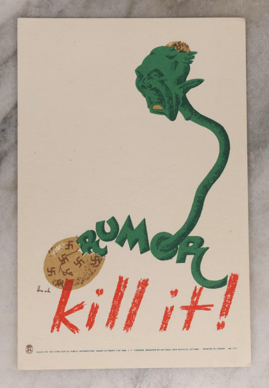 Lot 185 - Vintage World War II Propaganda Postcard “Rumor – Kill It!” With Green Spectre Hatching From Nazi Swastika-Covered Egg, Printed In Canada