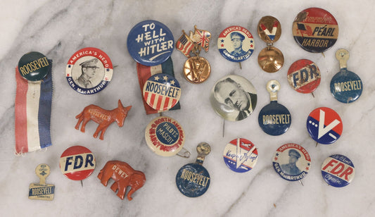 Lot 186 - Grouping Of 20 Vintage Franklin D. Roosevelt Era Political Buttons And Badges Including “Remember Pearl Harbor,” “To Hell With Hitler,” And Democratic Donkey Pin