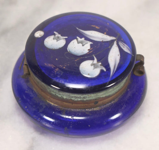 Lot 193 - Vintage Blue Glass Jar With Painted Blueberry Design And Brass Fittings, 1-1/8" H