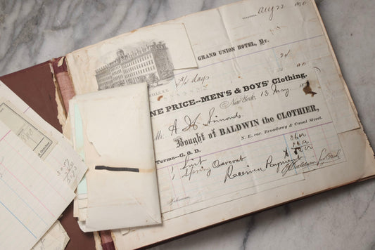 Lot 217 - "Specimens Of Printing Types" Antique Book By R. & J. & A. W. Lindsay, New York, Repurposed As Scrapbook With 70+ Pasted Receipts, 1870–1881