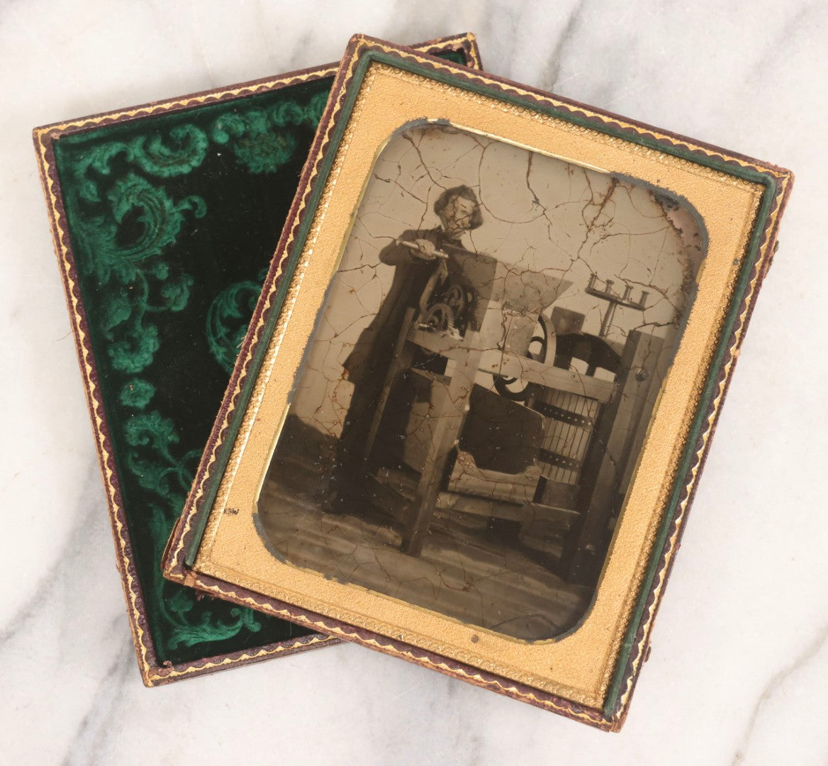 Lot 001 - Antique Half Plate Ambrotype Occupational Photograph Of Man Operating Apple Grinder And Cider Press, In Full Split Leatherette Case