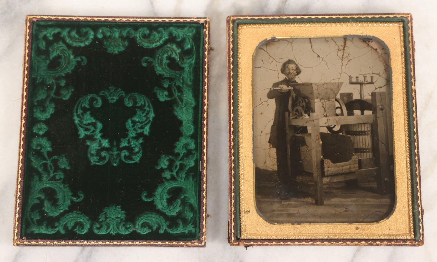 Lot 001 - Antique Half Plate Ambrotype Occupational Photograph Of Man Operating Apple Grinder And Cider Press, In Full Split Leatherette Case
