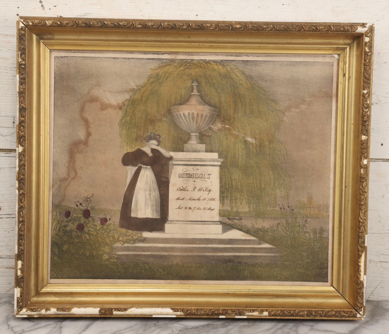 Lot 002 - Antique Hand Colored Mourning Lithograph Depicting Weeping Mother, Dedicated To Esther P. Wiley (Died 1835), In Worn Antique Gesso Frame, 19-1/4" x 16-3/8"