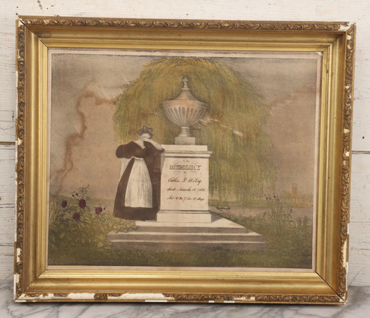 Lot 002 - Antique Hand Colored Mourning Lithograph Depicting Weeping Mother, Dedicated To Esther P. Wiley (Died 1835), In Worn Antique Gesso Frame, 19-1/4" x 16-3/8"