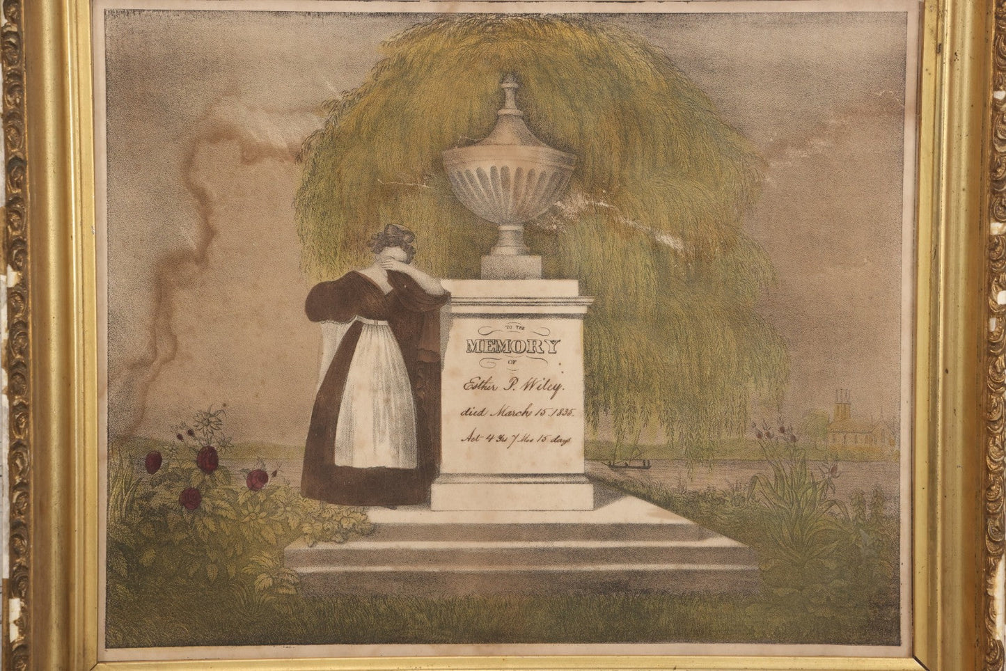 Lot 002 - Antique Hand Colored Mourning Lithograph Depicting Weeping Mother, Dedicated To Esther P. Wiley (Died 1835), In Worn Antique Gesso Frame, 19-1/4" x 16-3/8"