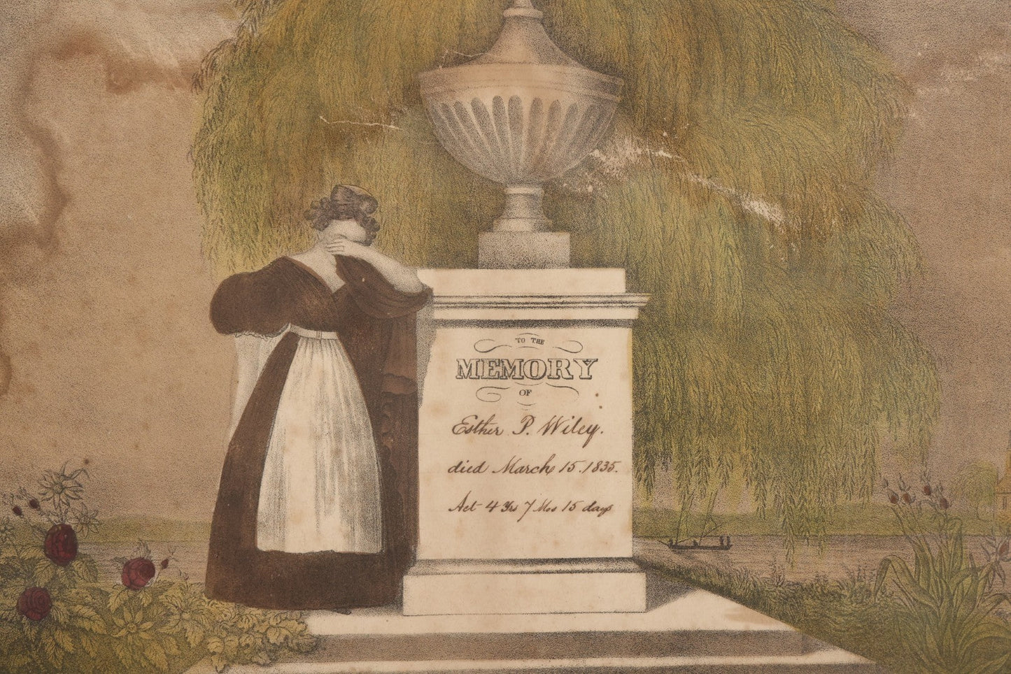 Lot 002 - Antique Hand Colored Mourning Lithograph Depicting Weeping Mother, Dedicated To Esther P. Wiley (Died 1835), In Worn Antique Gesso Frame, 19-1/4" x 16-3/8"