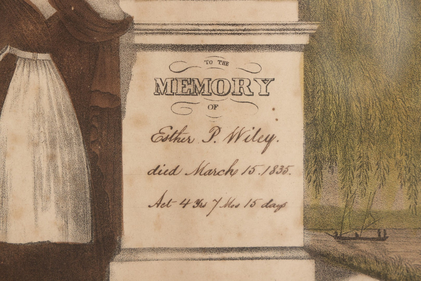 Lot 002 - Antique Hand Colored Mourning Lithograph Depicting Weeping Mother, Dedicated To Esther P. Wiley (Died 1835), In Worn Antique Gesso Frame, 19-1/4" x 16-3/8"