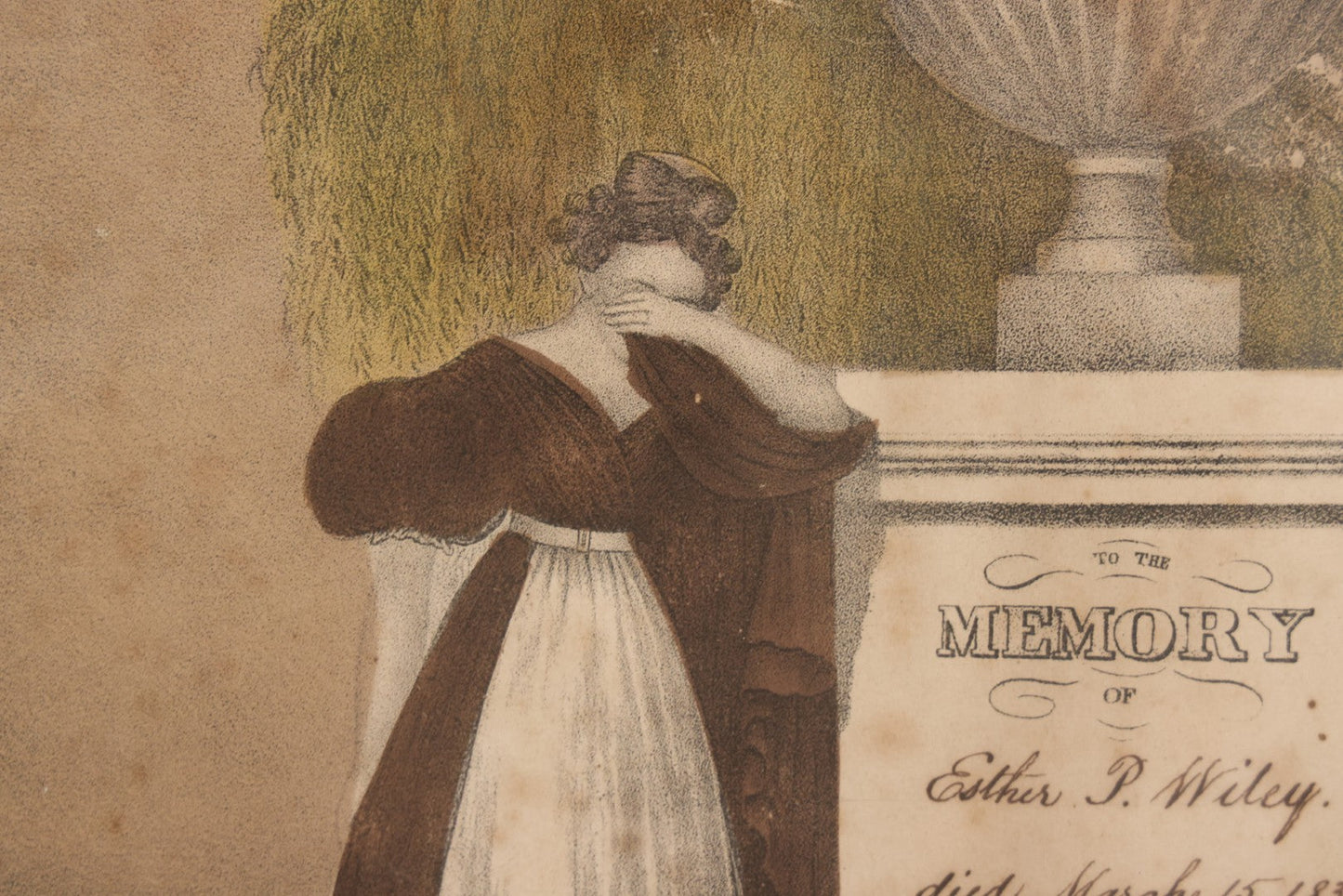Lot 002 - Antique Hand Colored Mourning Lithograph Depicting Weeping Mother, Dedicated To Esther P. Wiley (Died 1835), In Worn Antique Gesso Frame, 19-1/4" x 16-3/8"