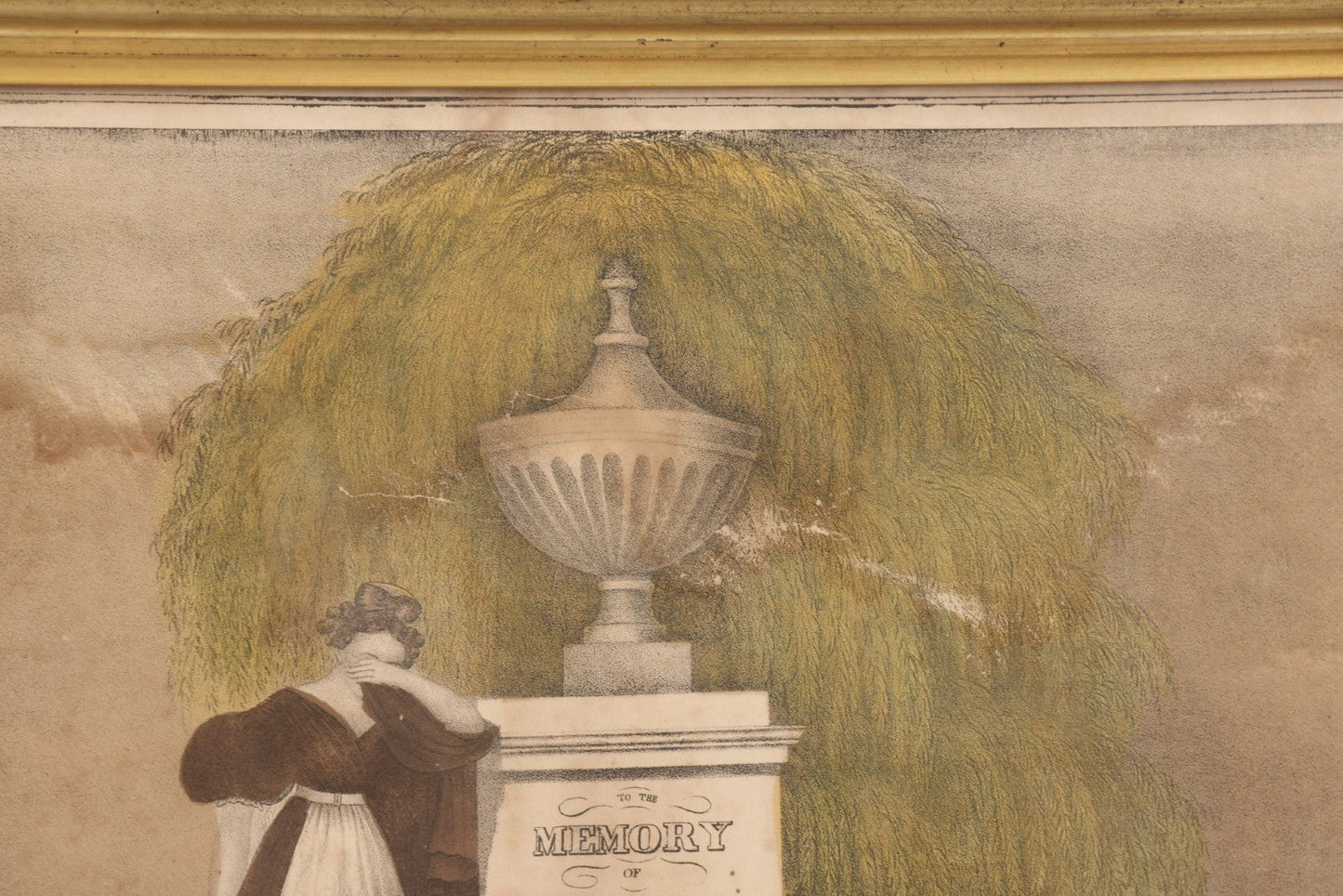 Lot 002 - Antique Hand Colored Mourning Lithograph Depicting Weeping Mother, Dedicated To Esther P. Wiley (Died 1835), In Worn Antique Gesso Frame, 19-1/4" x 16-3/8"