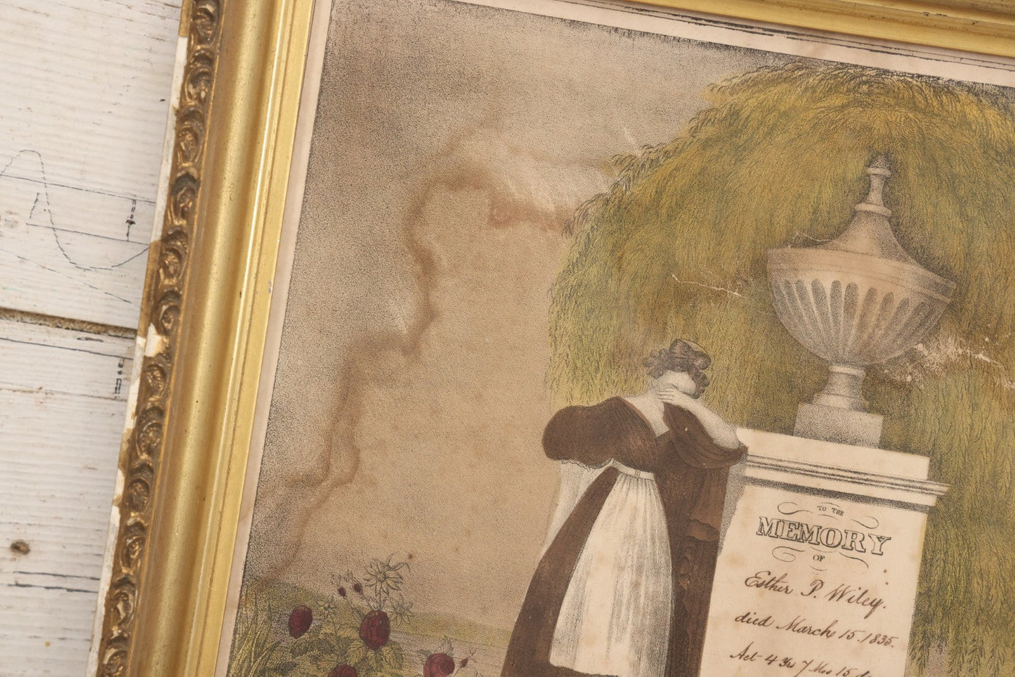 Lot 002 - Antique Hand Colored Mourning Lithograph Depicting Weeping Mother, Dedicated To Esther P. Wiley (Died 1835), In Worn Antique Gesso Frame, 19-1/4" x 16-3/8"