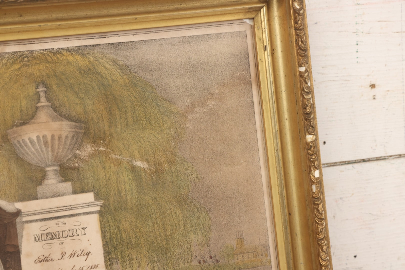 Lot 002 - Antique Hand Colored Mourning Lithograph Depicting Weeping Mother, Dedicated To Esther P. Wiley (Died 1835), In Worn Antique Gesso Frame, 19-1/4" x 16-3/8"