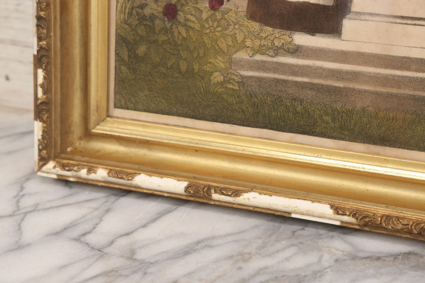 Lot 002 - Antique Hand Colored Mourning Lithograph Depicting Weeping Mother, Dedicated To Esther P. Wiley (Died 1835), In Worn Antique Gesso Frame, 19-1/4" x 16-3/8"