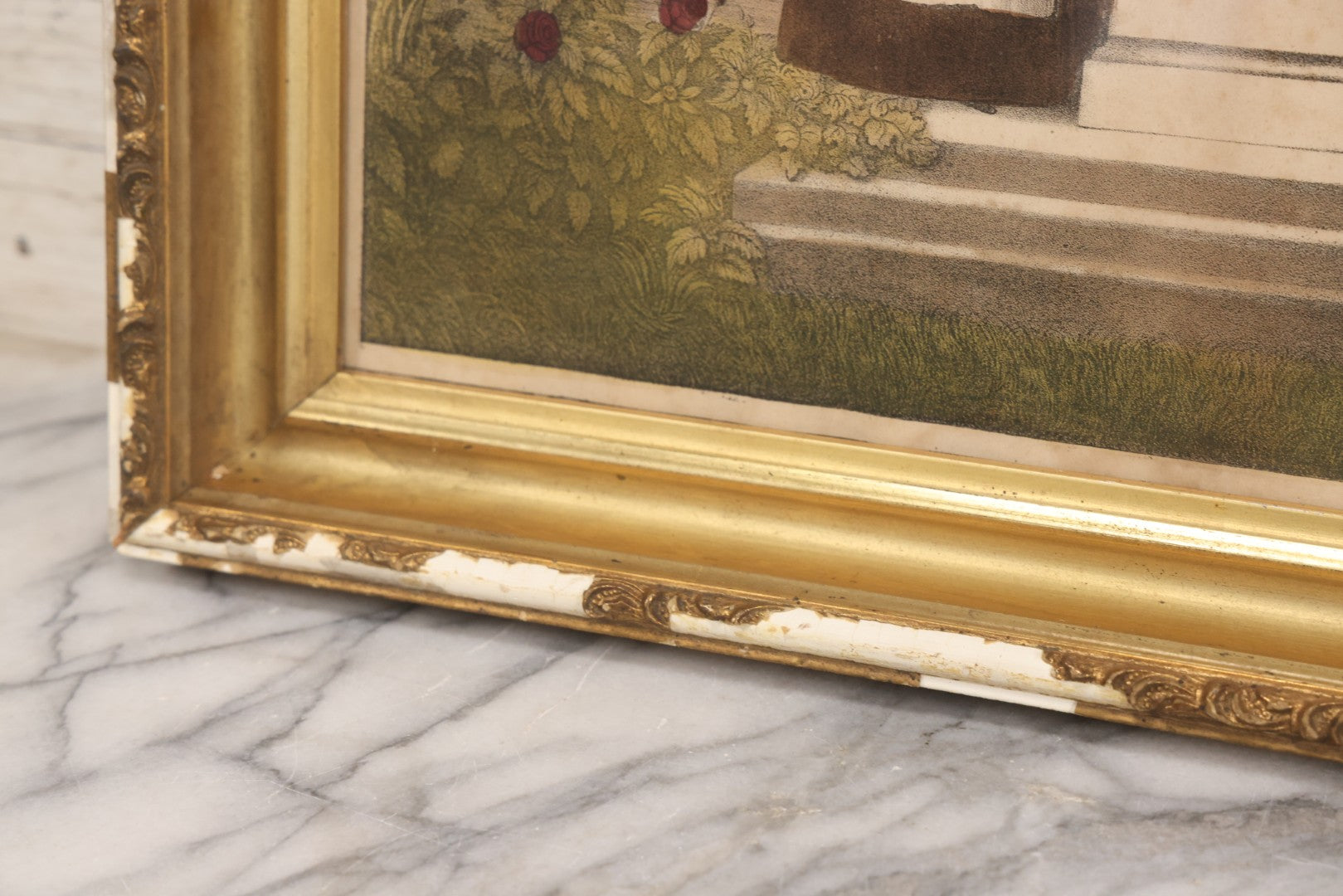 Lot 002 - Antique Hand Colored Mourning Lithograph Depicting Weeping Mother, Dedicated To Esther P. Wiley (Died 1835), In Worn Antique Gesso Frame, 19-1/4" x 16-3/8"