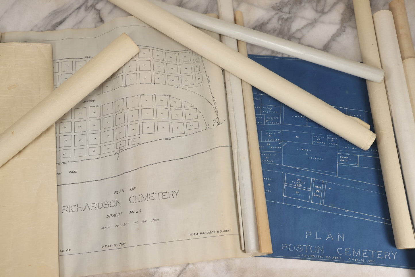 Lot 004 - Grouping Of Ten Vintage Massachusetts Cemetery Site Plans, Maps, And Survey Documents Including Dracut, Lowell, And Private Family Plots, Circa 1940–1960