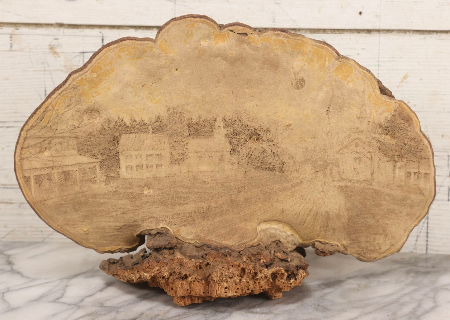 Lot 007 - Antique 19th Century Stipple-Pyrography Mushroom Fungus Art With New England Village Scene On Wooden Branch Base, 10" H
