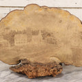 Lot 007 - Antique 19th Century Stipple-Pyrography Mushroom Fungus Art With New England Village Scene On Wooden Branch Base, 10" H