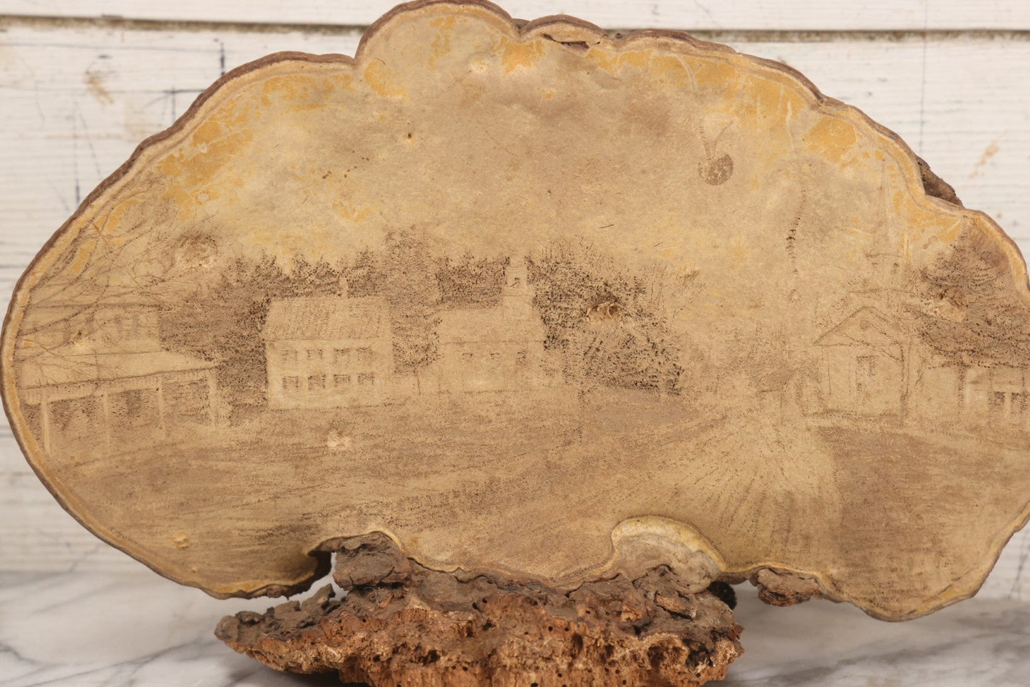 Lot 007 - Antique 19th Century Stipple-Pyrography Mushroom Fungus Art With New England Village Scene On Wooden Branch Base, 10" H